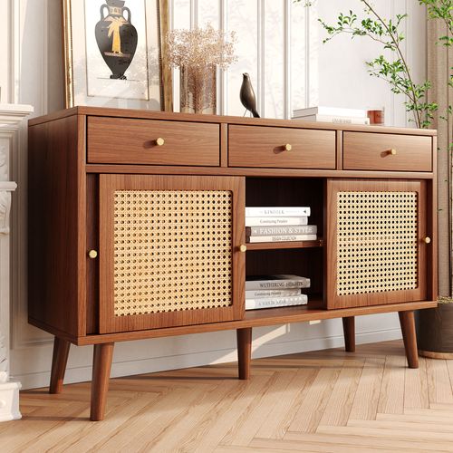 Buffet 3 Tiroirs, 3 Portes Coulissantes, Rattan, Pieds En Bois Massif, 120x40x78 Cm, Noyer
