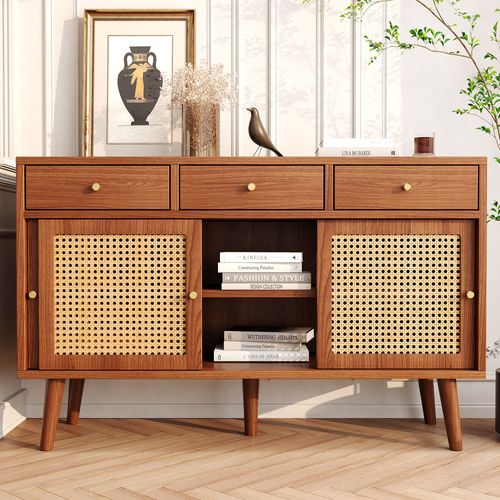Buffet 3 Tiroirs, 3 Portes Coulissantes, Rattan, Pieds En Bois Massif, 120x40x78 Cm, Noyer