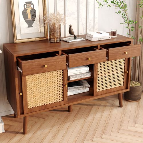 Buffet 3 Tiroirs, 3 Portes Coulissantes, Rattan, Pieds En Bois Massif, 120x40x78 Cm, Noyer