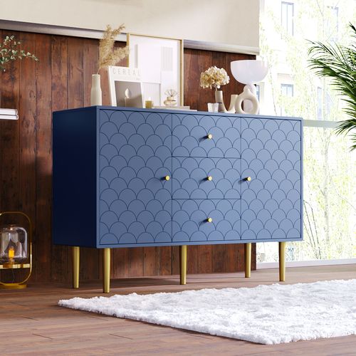 Buffet Bleue Moderne Avec 2 Portes,3 Tiroirs Et Étagère Réglable,pour Salon Ou Chambre,120x40x83cm