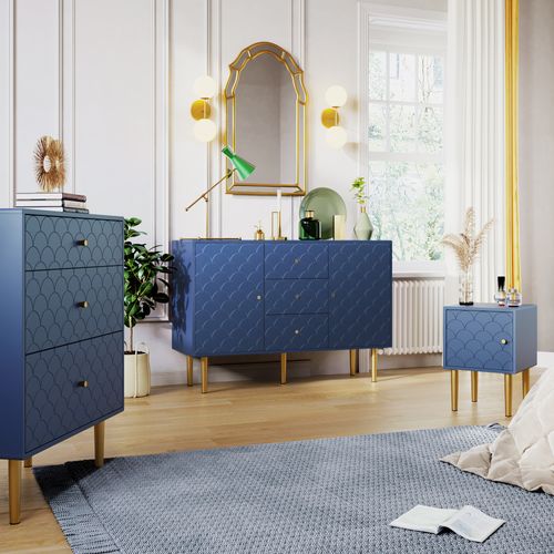 Buffet Bleue Moderne Avec 2 Portes,3 Tiroirs Et Étagère Réglable,pour Salon Ou Chambre,120x40x83cm
