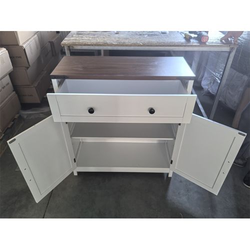 Buffet Style Campagne Blanche,plateau En Noyer, Tiroirs,étagères Réglables,pour Cuisine Et Entrée