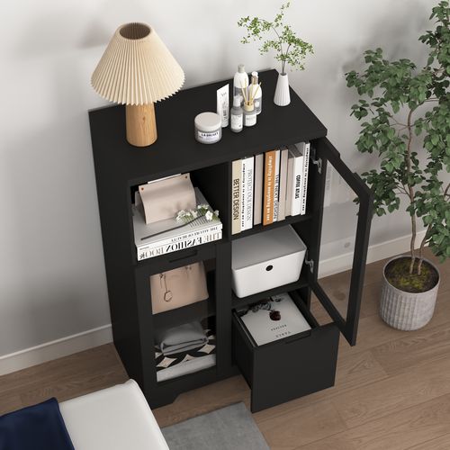 Buffet En Mdf Noir Avec Portes En Verre, Tiroir, Espace De Rangement Ouvert, Pour Chambre Et Salon