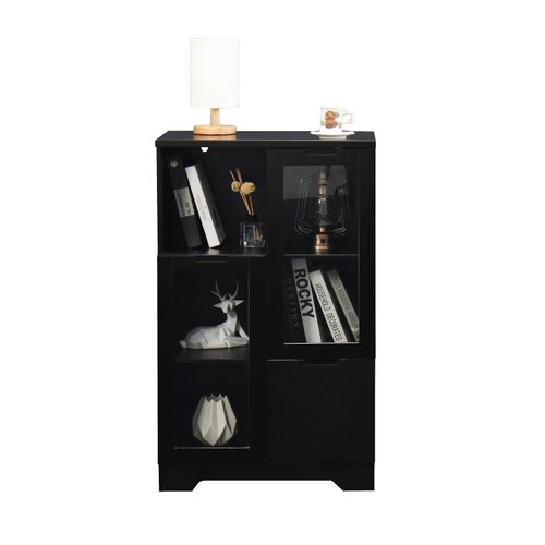 Buffet En Mdf Noir Avec Portes En Verre, Tiroir, Espace De Rangement Ouvert, Pour Chambre Et Salon