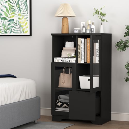 Buffet En Mdf Noir Avec Portes En Verre, Tiroir, Espace De Rangement Ouvert, Pour Chambre Et Salon