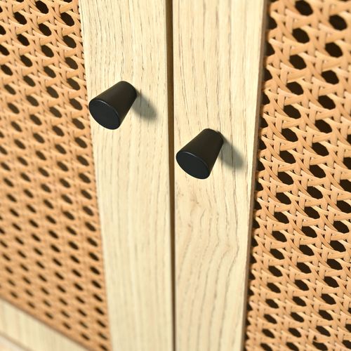 Buffet 1 Tiroir 2 Portes Magnétiques, Façades En Rotin, Poignées Métal Noir, 120x40x80cm