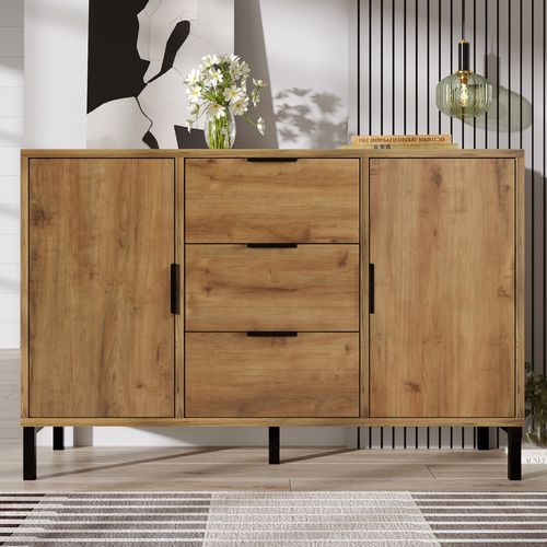 Buffet Moderne En Chêne Foncé Avec 2 Portes Et 3 Tiroirs,étagère Réglable, 120x40x76cm