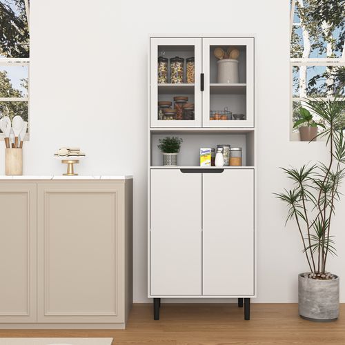 Buffet (blanc) Avec Portes En Verre, Étagères Réglables, Pour Salon Et Chambre
