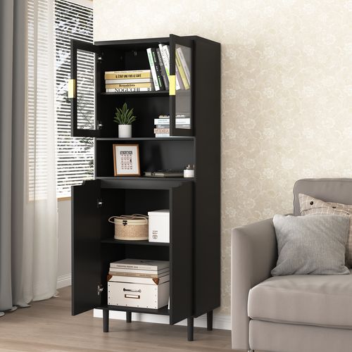 Buffet Noir Avec Portes En Verre Trempé, Étagères Réglables, Pour Salon Et Chambre