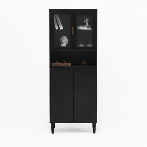 Buffet Noir Avec Portes En Verre Trempé, Étagères Réglables, Pour Salon Et Chambre