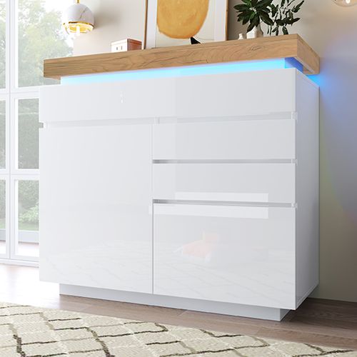 Buffet Moderne Blanc Brillant Avec LED à Commande Via Application, 2portes Et 3tiroirs,115x110x39cm