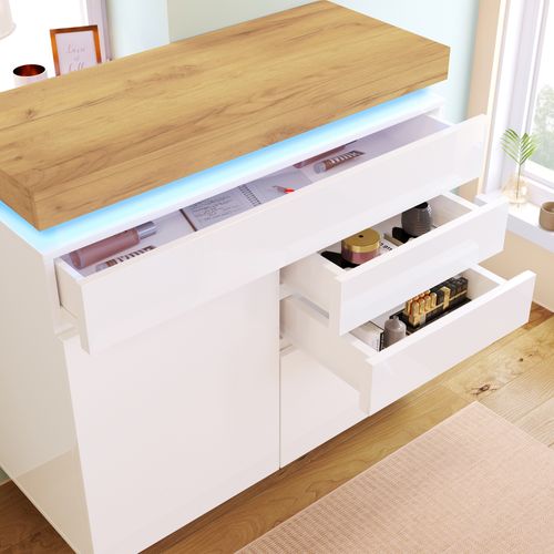 Buffet Moderne Blanc Brillant Avec LED à Commande Via Application, 2portes Et 3tiroirs,115x110x39cm