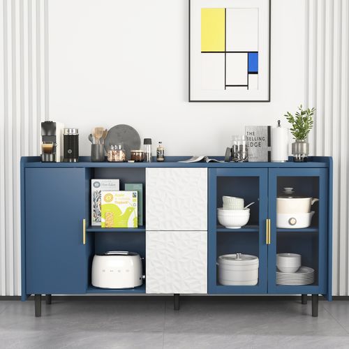 Buffet De Rangement Bleue (140 Cm),bar à Café Avec Tiroirs Et Portes En Verre,pour Cuisine Et Salon