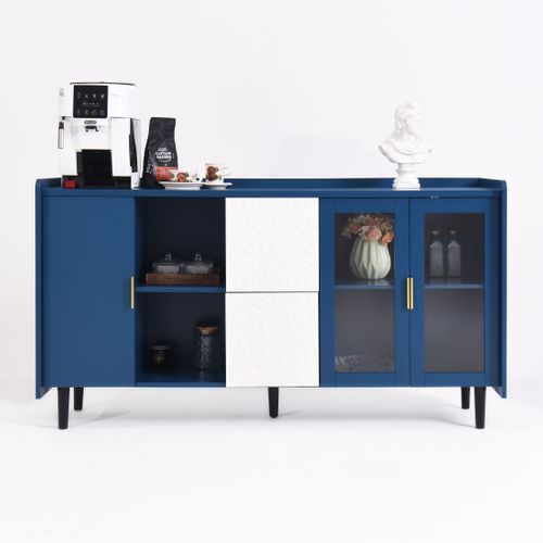 Buffet De Rangement Bleue (140 Cm),bar à Café Avec Tiroirs Et Portes En Verre,pour Cuisine Et Salon