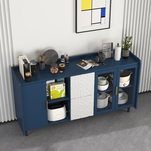 Buffet De Rangement Bleue (140 Cm),bar à Café Avec Tiroirs Et Portes En Verre,pour Cuisine Et Salon