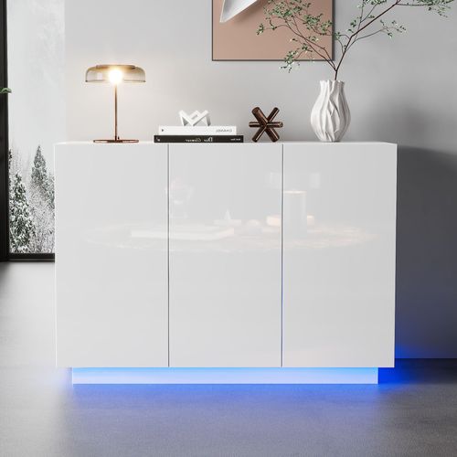 Buffet Haut Brillant Avec LED, 2 Portes Et 3 Tiroirs, 120x40x75 Cm, Meuble Pour Salle à Manger.