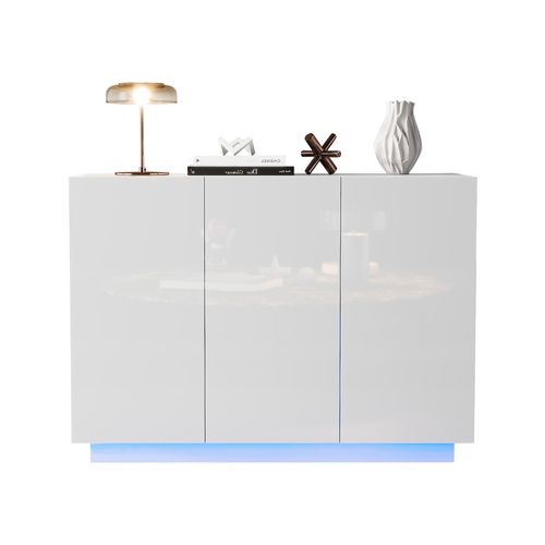 Buffet Haut Brillant Avec LED, 2 Portes Et 3 Tiroirs, 120x40x75 Cm, Meuble Pour Salle à Manger.