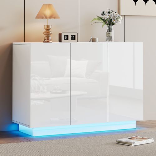Buffet Haut Brillant Avec LED, 2 Portes Et 3 Tiroirs, 120x40x75 Cm, Meuble Pour Salle à Manger.