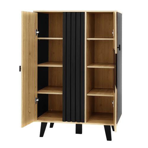 Buffet Vitrine Noir Et Bois Avec Portes Vitrées Et Éclairage LED – Design Élégant Et Moderne