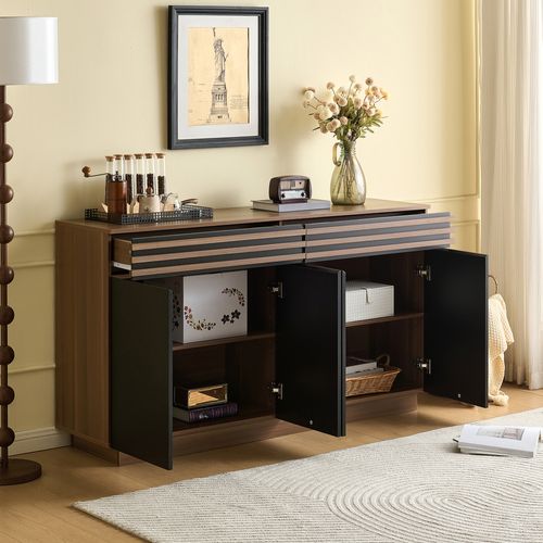 Buffet Moderne 150×40×85 Cm, Bois Brun Avec 2 Tiroirs Et 4 Portes Noires, Grand Rangement.