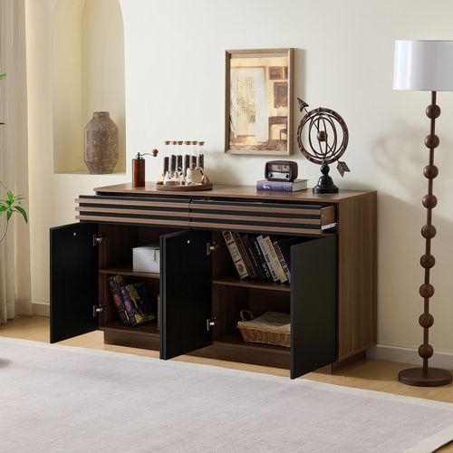 Buffet Moderne 150×40×85 Cm, Bois Brun Avec 2 Tiroirs Et 4 Portes Noires, Grand Rangement.