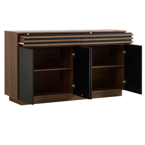 Buffet Moderne 150×40×85 Cm, Bois Brun Avec 2 Tiroirs Et 4 Portes Noires, Grand Rangement.