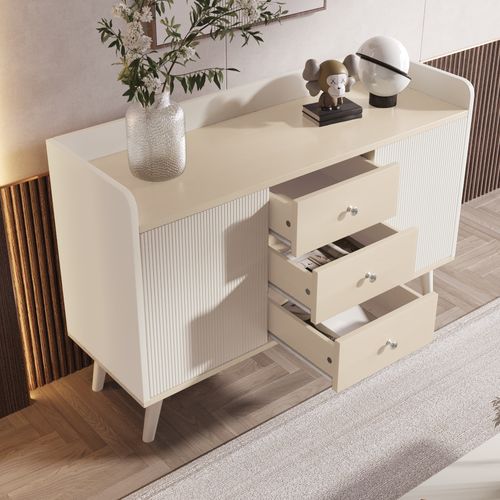 Buffet Moderne Avec 3 Tiroirs Et Étagères, Bois Raffiné, 117,5 Cm, Pour Chambre Et Salon.