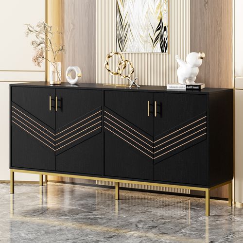 Buffet Moderne Noir Et Or, 4 Portes Avec Étagères Réglables Et Pieds Métalliques, Pour Salon.
