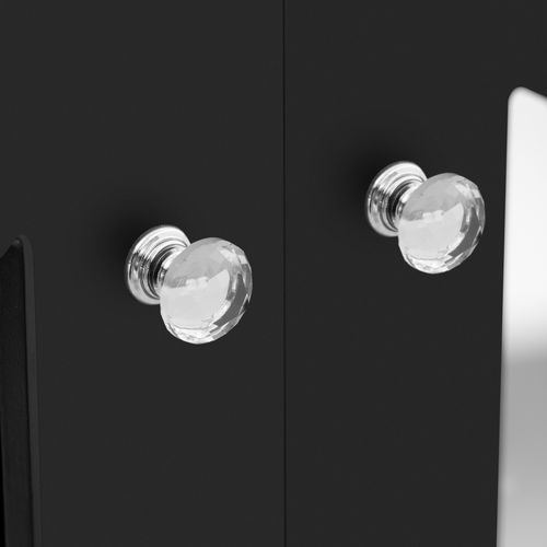 Buffet Noir Miroir, Poignées Cristal, 4 Portes, Étagères Amovibles Pour Salon Et Salle à Manger.