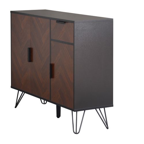 Buffet Moderne Noir Et Bois, Tiroir Et Étagères Réglables, Meuble De Rangement Pour Salon.