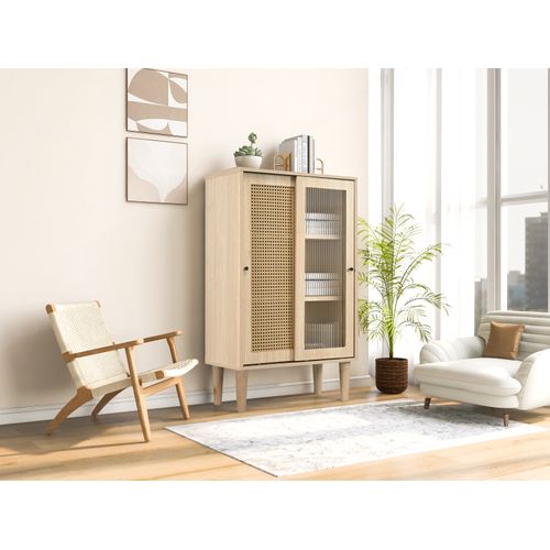 Meuble  En Bois 100 Cm, Portes En Rattan Et Verre, 6 Compartiments De Rangement.