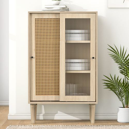 Meuble  En Bois 100 Cm, Portes En Rattan Et Verre, 6 Compartiments De Rangement.