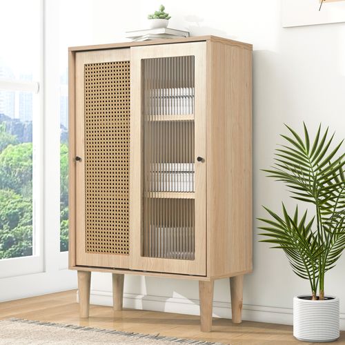 Meuble  En Bois 100 Cm, Portes En Rattan Et Verre, 6 Compartiments De Rangement.