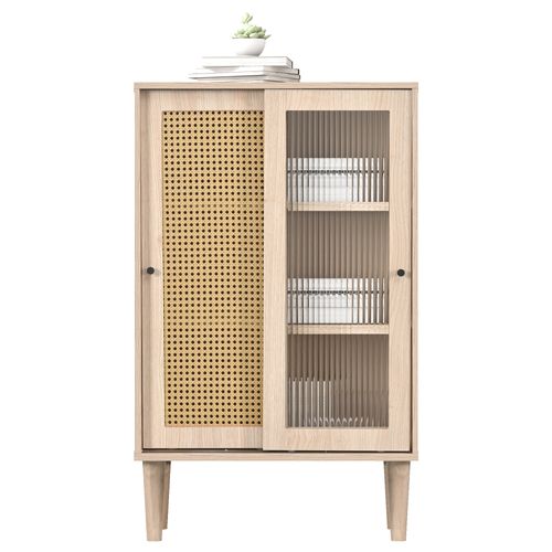 Meuble  En Bois 100 Cm, Portes En Rattan Et Verre, 6 Compartiments De Rangement.
