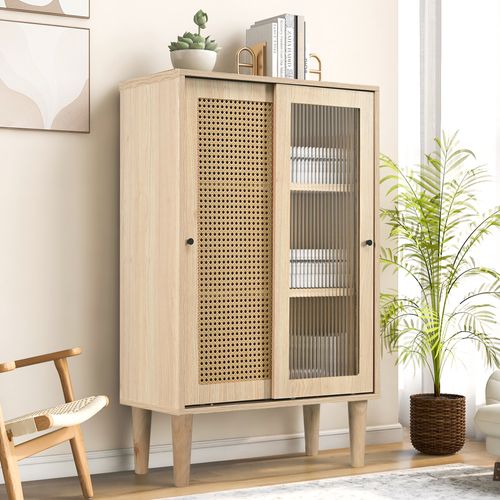 Meuble  En Bois 100 Cm, Portes En Rattan Et Verre, 6 Compartiments De Rangement.
