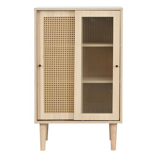 Meuble  En Bois 100 Cm, Portes En Rattan Et Verre, 6 Compartiments De Rangement.