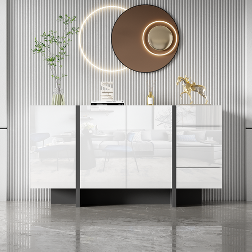 Buffet Moderne Laqué Blanc, 2 Portes Et 4 Tiroirs, Facile à Nettoyer, Pour Salon Et Salle à Manger