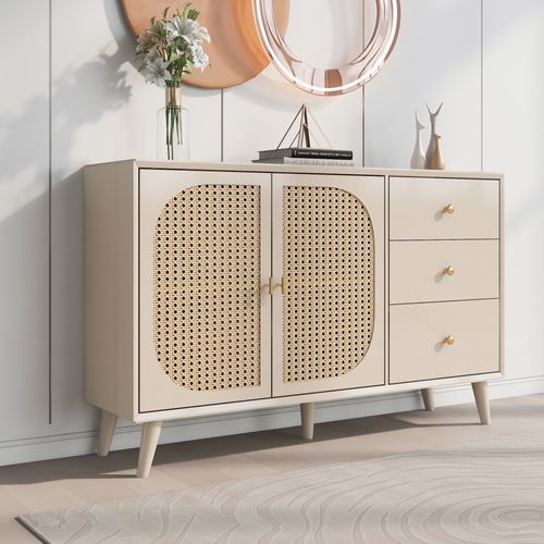 Buffet Blanche Crème 120 Cm Avec Portes Et Tiroirs, Meuble De Rangement Pour Salon.