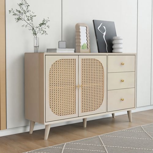 Buffet Blanche Crème 120 Cm Avec Portes Et Tiroirs, Meuble De Rangement Pour Salon.
