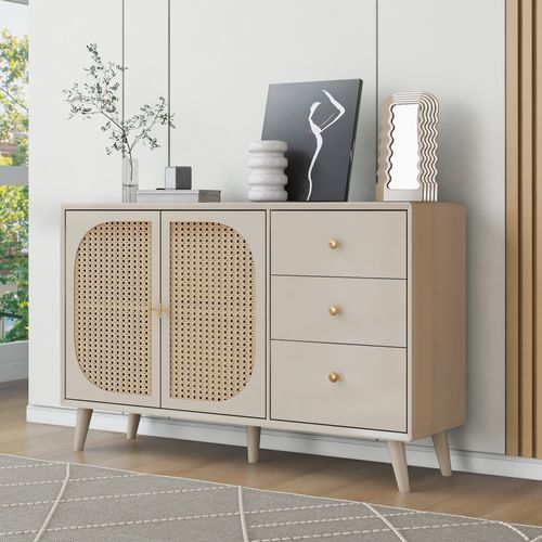 Buffet Blanche Crème 120 Cm Avec Portes Et Tiroirs, Meuble De Rangement Pour Salon.