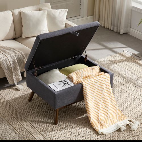 Table Basse 80x59x45 Cm En Lin Gris Foncé — Banquette Multifonction Mid‑century, Élégante