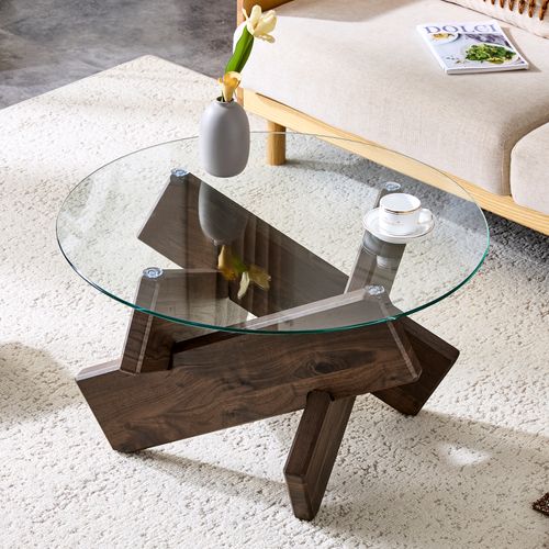 Table Basse Ronde 79 Cm En Mdf Imitation Noyer Et Plateau Verre Trempé 0,8 Cm, Piètement Croix