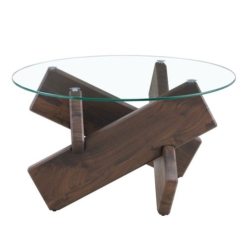 Table Basse Ronde 79 Cm En Mdf Imitation Noyer Et Plateau Verre Trempé 0,8 Cm, Piètement Croix