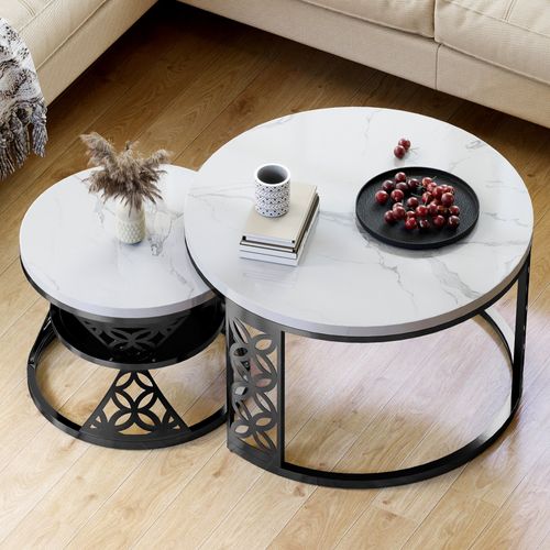 Ensemble De Tables Basses Gigognes Modernes, Composé De Deux Tables Rondes à La Finition Marbre