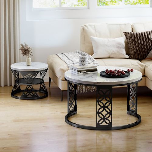 Ensemble De Tables Basses Gigognes Modernes, Composé De Deux Tables Rondes à La Finition Marbre