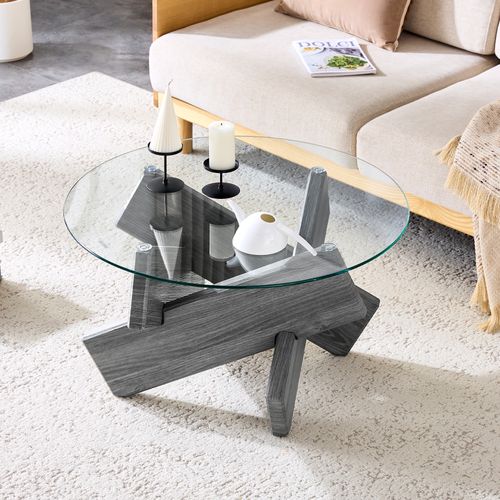 Table Basse Ronde 79 Cm En Verre Trempé 0,8 Cm Et Mdf Gris, Piétement Croisé Design