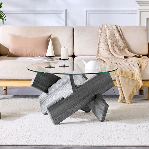 Table Basse Ronde 79 Cm En Verre Trempé 0,8 Cm Et Mdf Gris, Piétement Croisé Design
