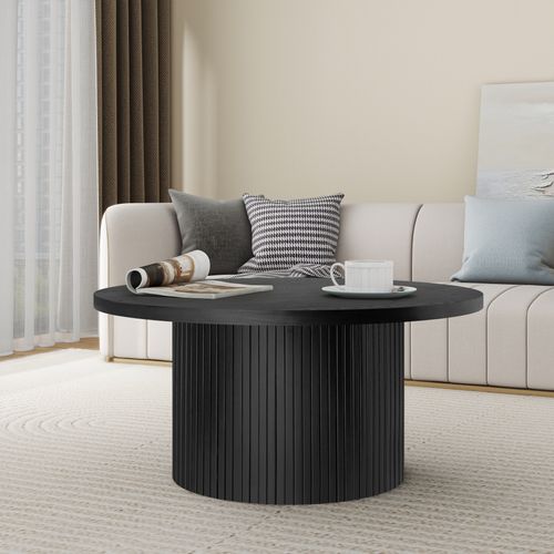 Table Basse Ronde  90 /  60 Cm En Bois Massif Et Mdf, Piètement à Rayures, Finition Noire