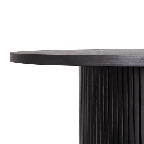 Table Basse Ronde  90 /  60 Cm En Bois Massif Et Mdf, Piètement à Rayures, Finition Noire