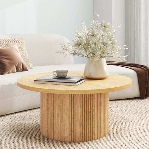 Table Basse Ronde Piédestal 90 Ou 60 Cm En Bois Massif Et Mdf, Finition Naturelle Grain Bois